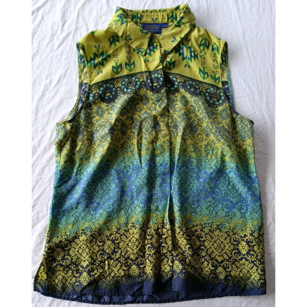 Pendleton Sleeveless Button Up Silk Southwestern Print Top Blue Green Yellow L